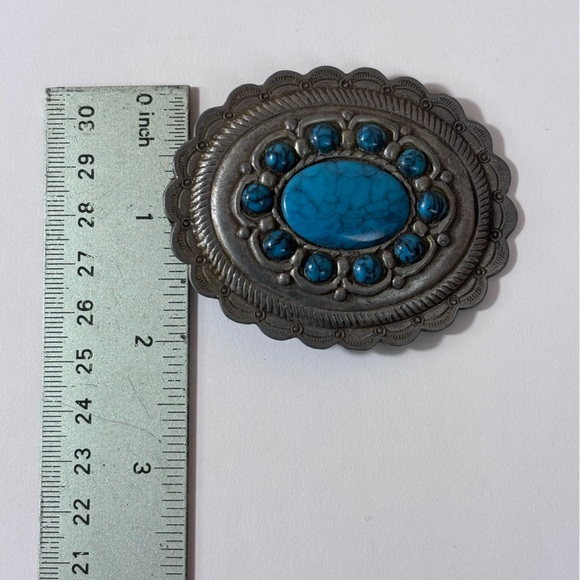 Vintage Belt Buckle Faux Turquoise Western Southwestern Boho Silver Metal Oval - Picture 4 of 4